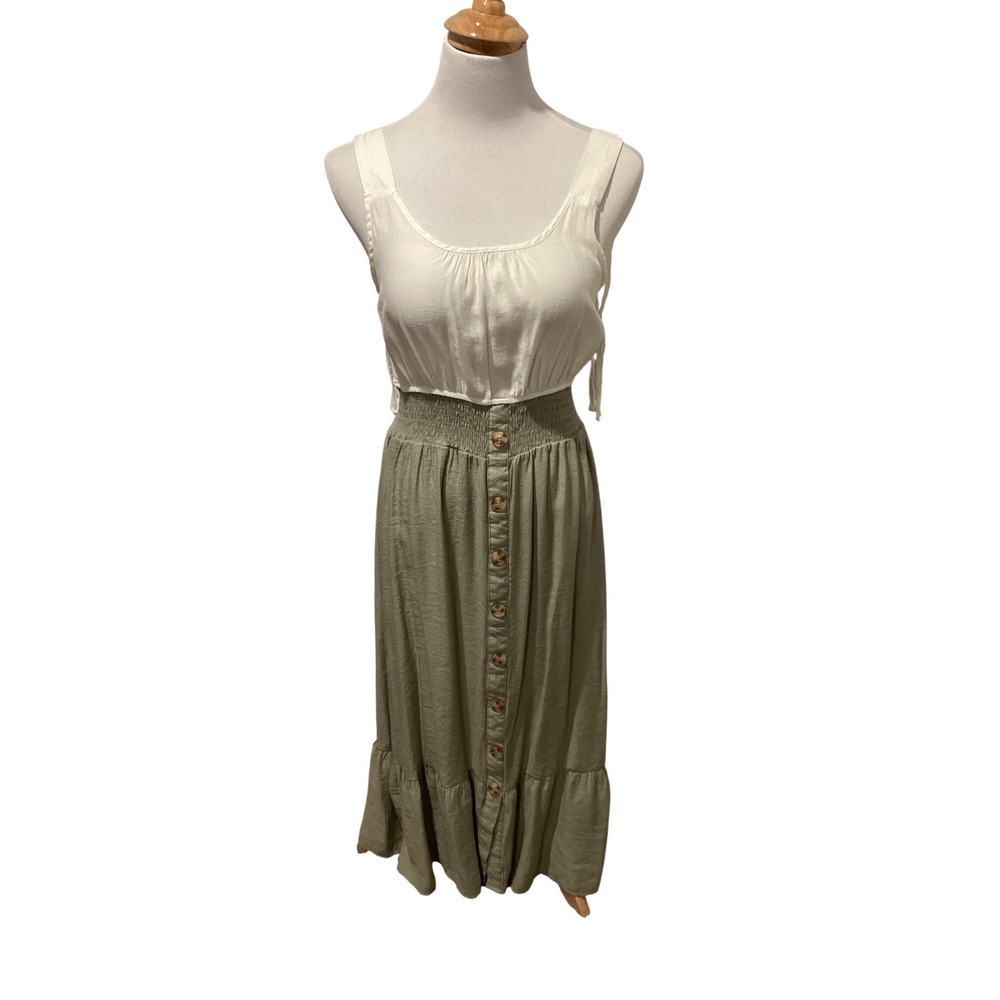 Blu Pepper Women Large White and Sage Green Tie Shoulder Button Front Maxi Dress
